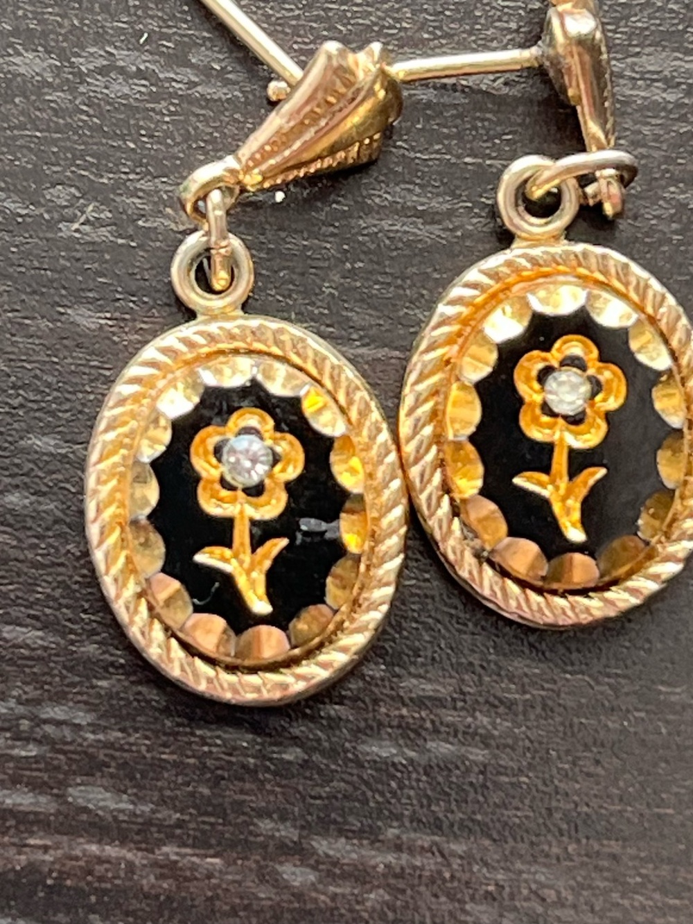 Gold-Tone Floral Drop Earrings with Black Enamel